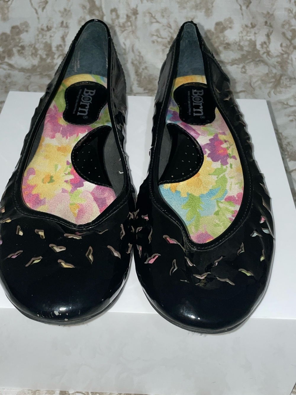 Born Black Patent Ballet Flats with Floral Insole